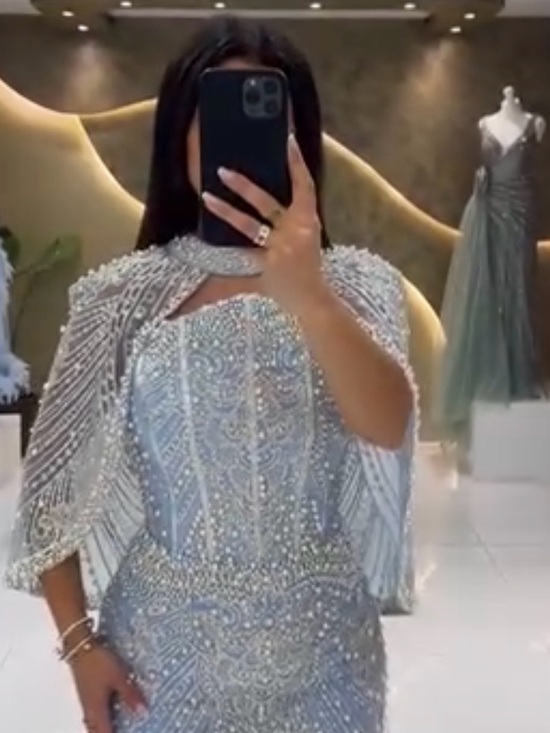 Lelan Dresses & Skirts - Silver Beaded Prom Blue Gown with Draped Cape